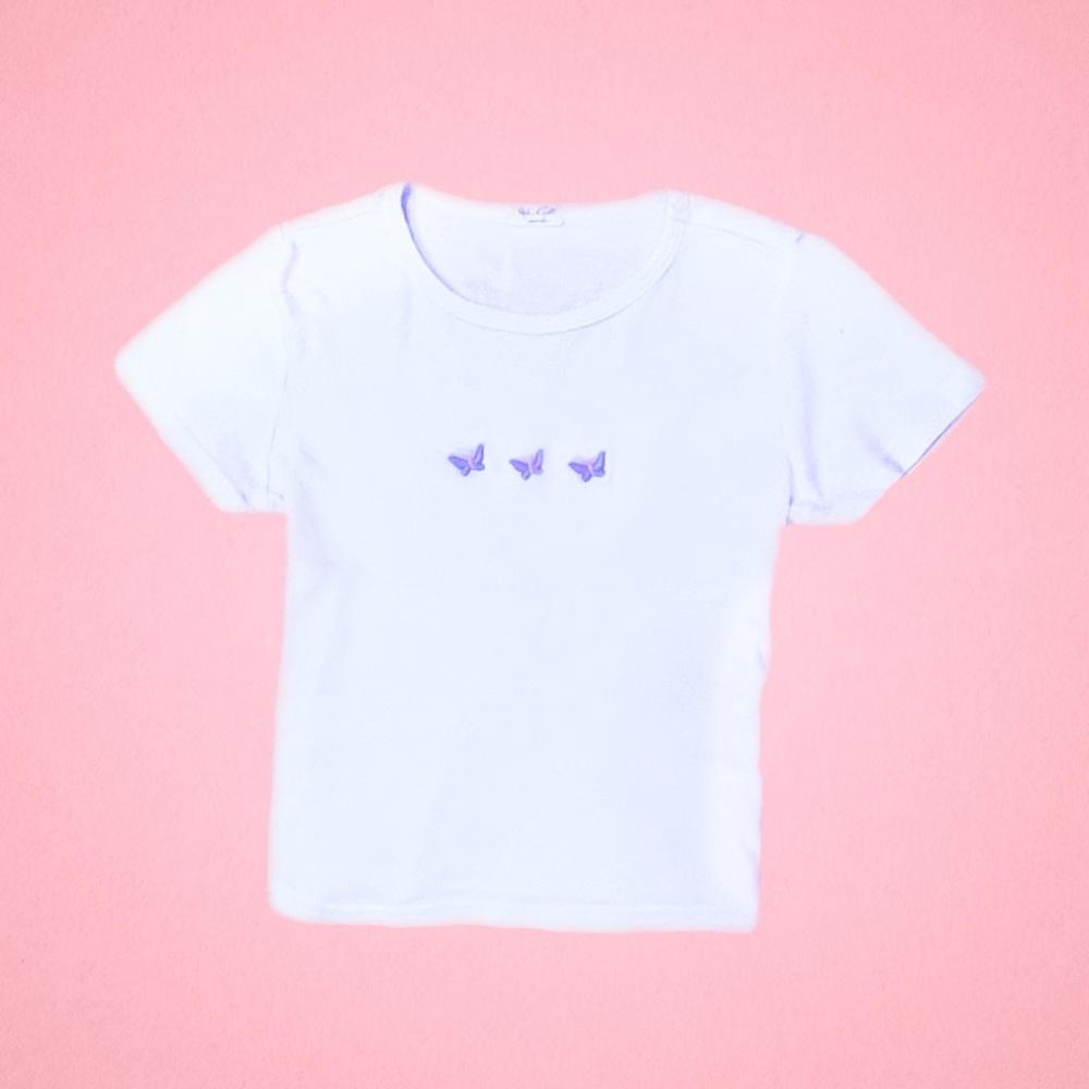 White Baby Tee w/ Three Purple Butterflies Embroidered